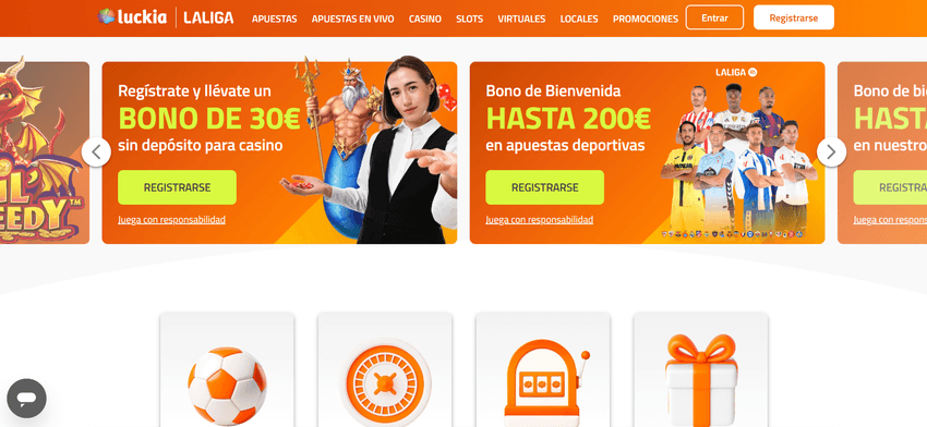 Página principal de Luckia con bono de €30 sin depósito y promoción de bienvenida hasta €200.