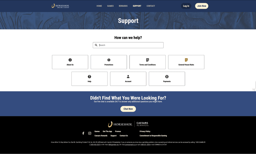 Horseshoe Michigan Customer Support Horseshoe Online Casino Michigan customer support page with help options and contact information