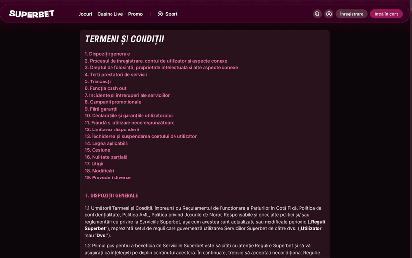 Termeni și condiții Superbet Casino