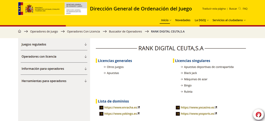 Licencias de Enracha España en la DGOJ Registro de Rank Digital Ceuta y enracha.es en la DGOJ