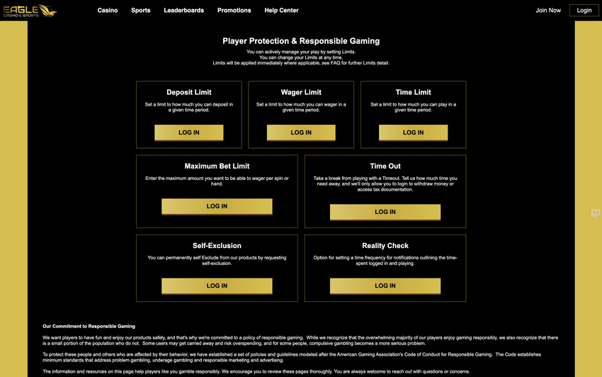 Eagle Online Casino Responsible Gambling Page – Safe Gaming Tools & Resources Eagle online casino Responsible Gambling page with self-exclusion options, deposit limits, and support resources.