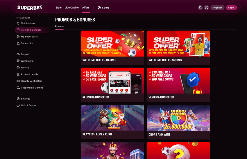 Η ενότητα με τις Superbet προσφορές εγγραφής, όπου παρουσιάζεται το μπόνους πρώτης κατάθεσης και οι όροι του. Σελίδα με τις Superbet προσφορές και το μπόνους πρώτης κατάθεσης για το καζίνο