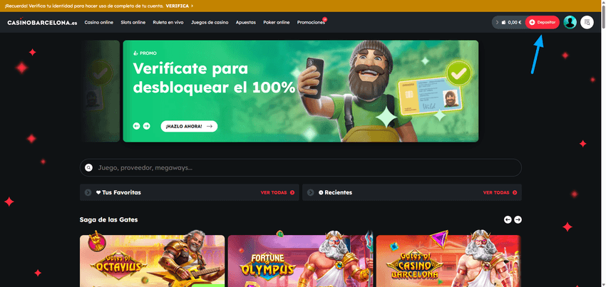 Botón de depósito en Casino Barcelona utilizado para acceder al cajero y realizar ingresos con Neteller.