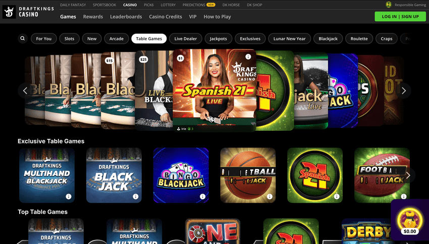 DraftKings Michigan online casino table games page