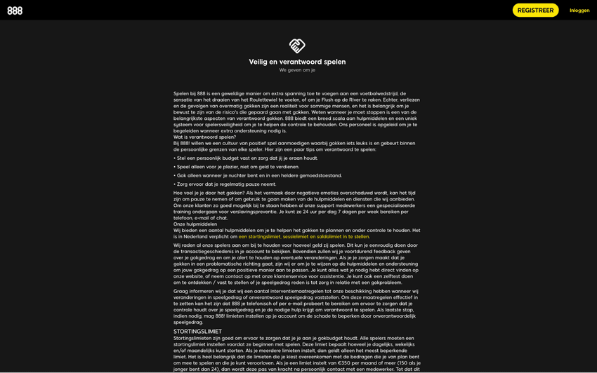 Verantwoord spelen bij 888 Casino Nederland Screenshot van de verantwoord spelen pagina van 888 Casino
