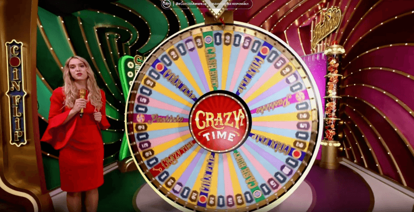 Crazy Time – Κύριος τροχός παιχνιδιού Κύριος τροχός Crazy Time με παρουσιάστρια και τμήματα Coin Flip, Pachinko και Cash Hunt