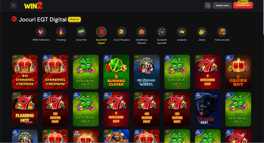 Pagina cu jocuri EGT Digital din Win2 Casino România, inclusiv sloturi Bell Link și Clover Chance
