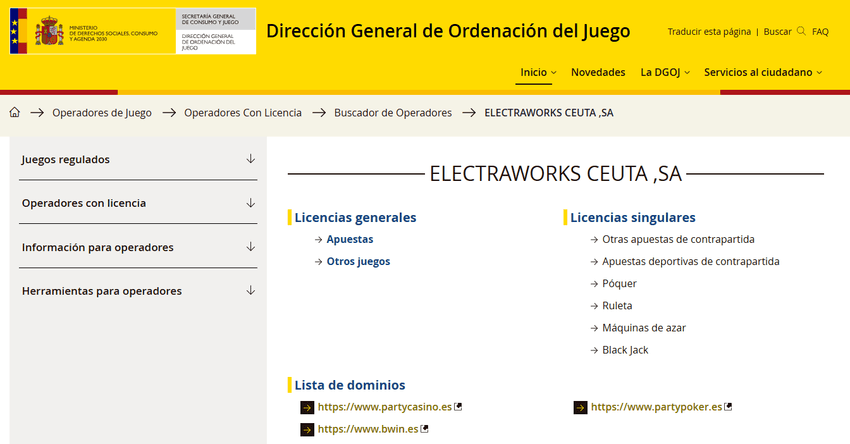 Página de la DGOJ donde se muestran las licencias de ElectraWorks Ceuta