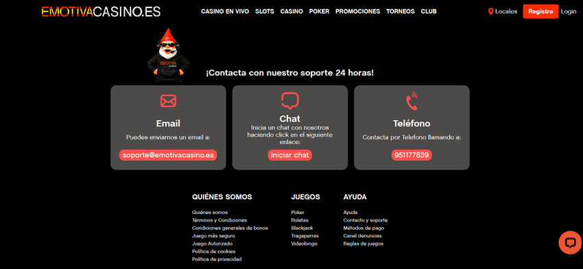 Atención al cliente de Emotiva Casino Página de contacto de Emotiva Casino con opciones de correo electrónico, chat en vivo y teléfono.