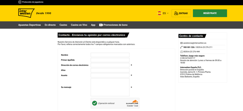 Formulario de contacto y datos de atención al cliente de Interwetten España
