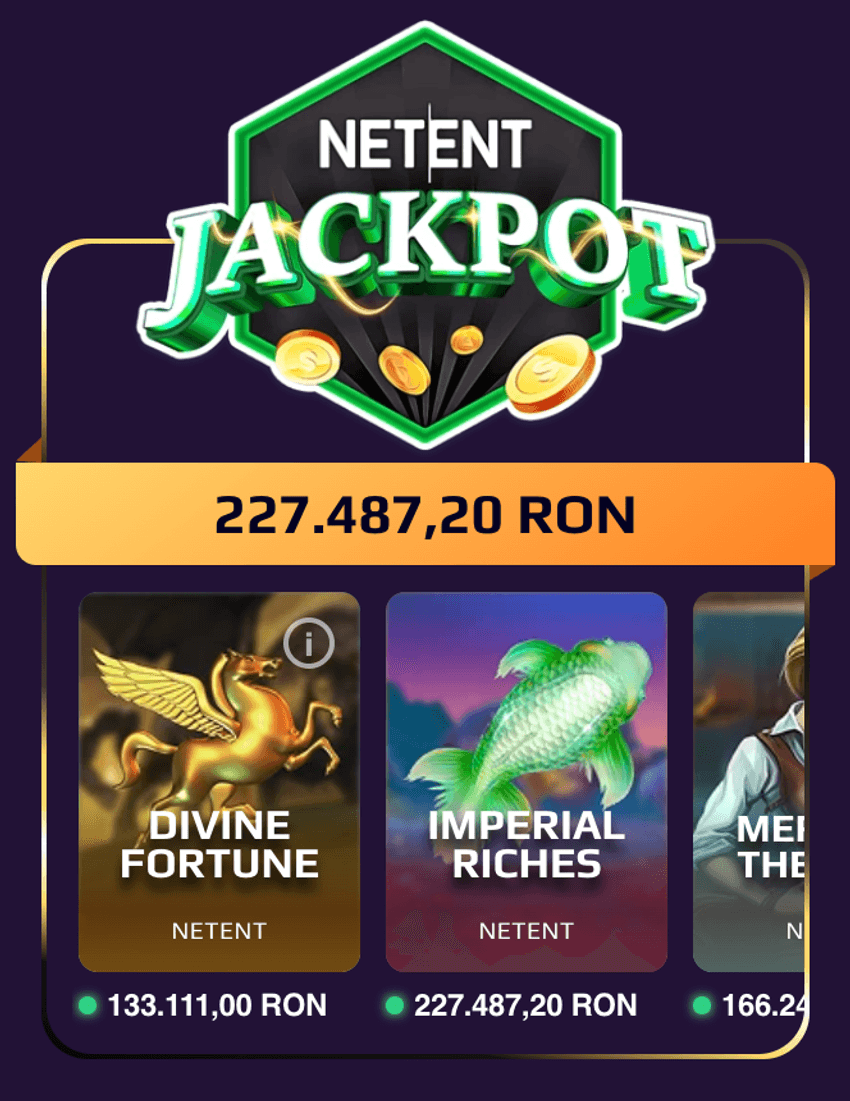 Casino Royale – jackpoturi NetEnt Jackpotul NetEnt la Casino Royale cu Divine Fortune și Imperial Riches afișate în RON
