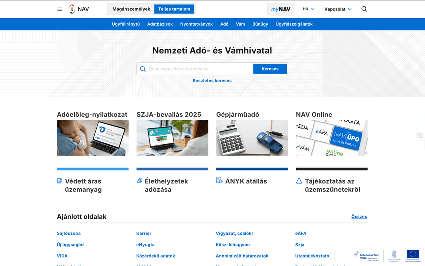 A NAV hivatalos weboldalának kezdőlapja keresősávval és adózási témájú menüpontokkal