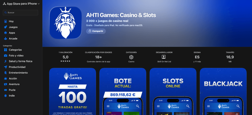 Aplicación AHTI Games Casino & Slots disponible en la App Store para iPhone y iPad