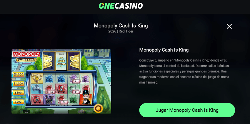 Monopoly Cash Is King OneCasino Slot Monopoly Cash Is King de Red Tiger disponible en OneCasino