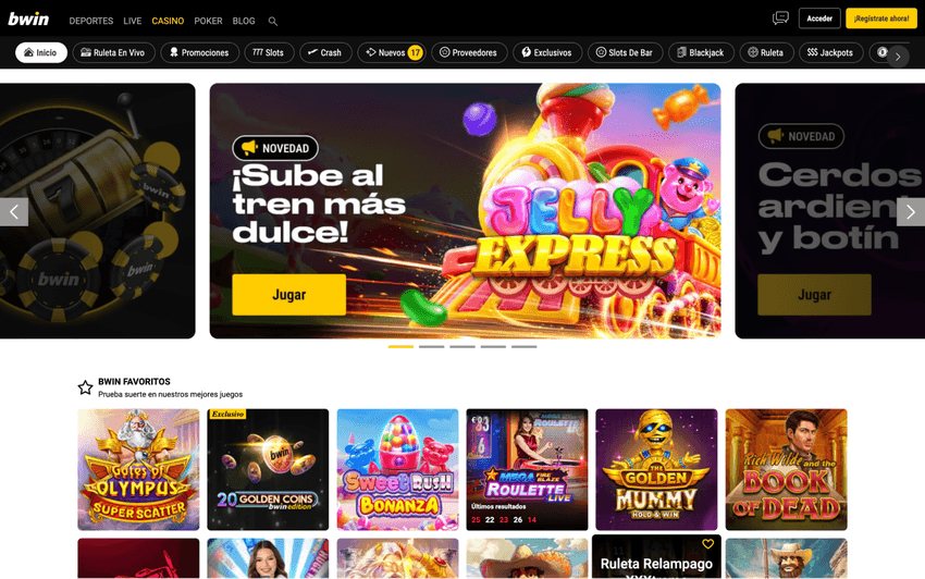Casino online de Bwin Lobby de casino de Bwin con categorías de juegos, promociones y tragamonedas destacadas.