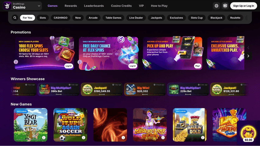 DraftKings Casino Main Page DraftKings Casino homepage displaying featured promotions, casino games, and navigation options for players.