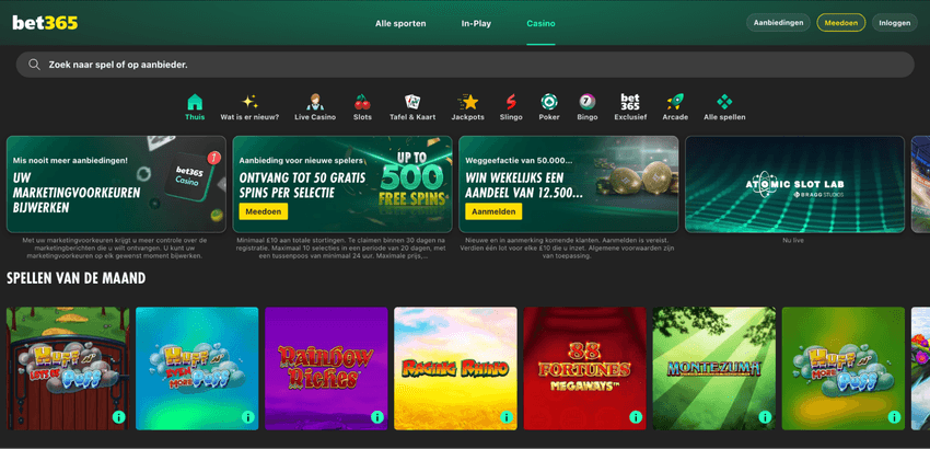 Homepage van Bet365 Casino met welkomstbonus en promoties voor Nederlandse spelers
