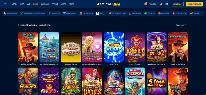 AdmiralBet Casino – lobby și selecție de sloturi Lobby-ul AdmiralBet Casino cu Turneul Exclusiv Greentube și sloturi precum Book of Ra Deluxe, Lucky Lady’s Charm și Coin Blast