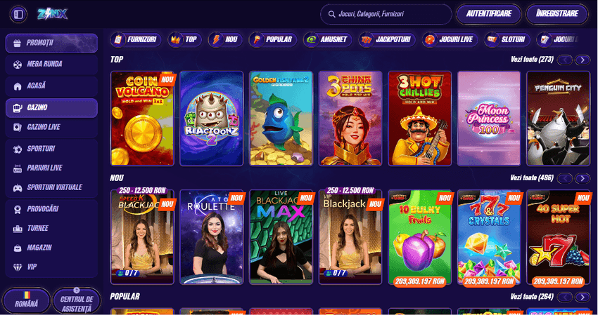 Interfața principală Zinx Casino cu categorii de jocuri și sloturi populare