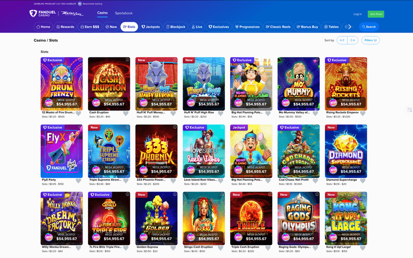 FanDuel online casino slots interface showing Legal Online Slots in Michigan with popular games like Divine Fortune, Cleopatra, Huff N Puff, and Wheel of Fortune