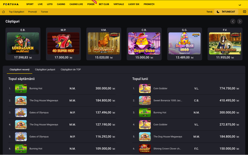 Top câștiguri săptămânale și lunare Fortuna