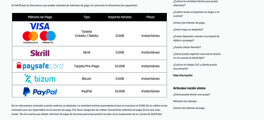 Métodos de pago de DAZN Bet Tabla de métodos de pago de DAZN Bet con Visa, Mastercard, Skrill, Paysafecard, Bizum y PayPal.