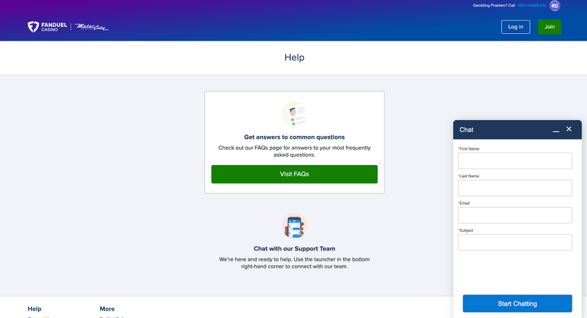 Screenshot showing FanDuel Michigan casino live chat