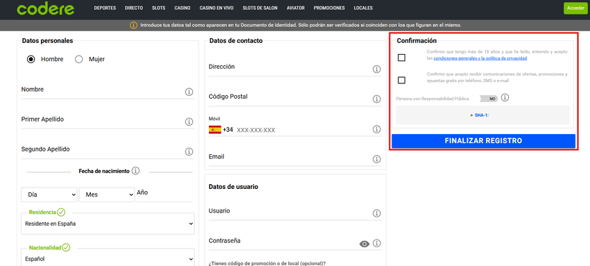 Finalizar registro en Codere Sección de confirmación y botón Finalizar Registro en Codere.