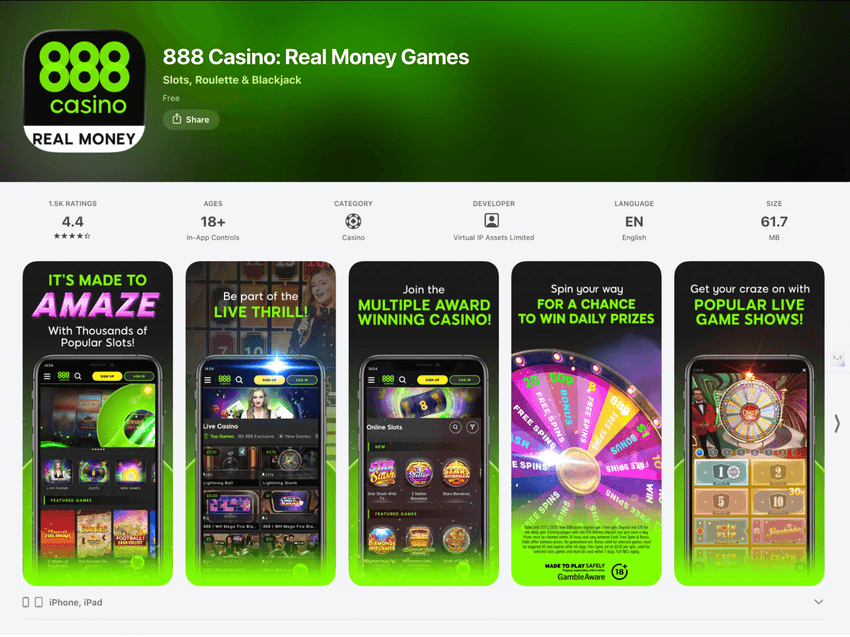 888 Casino app in de App Store Screenshot van de 888 Casino app in de Apple App Store