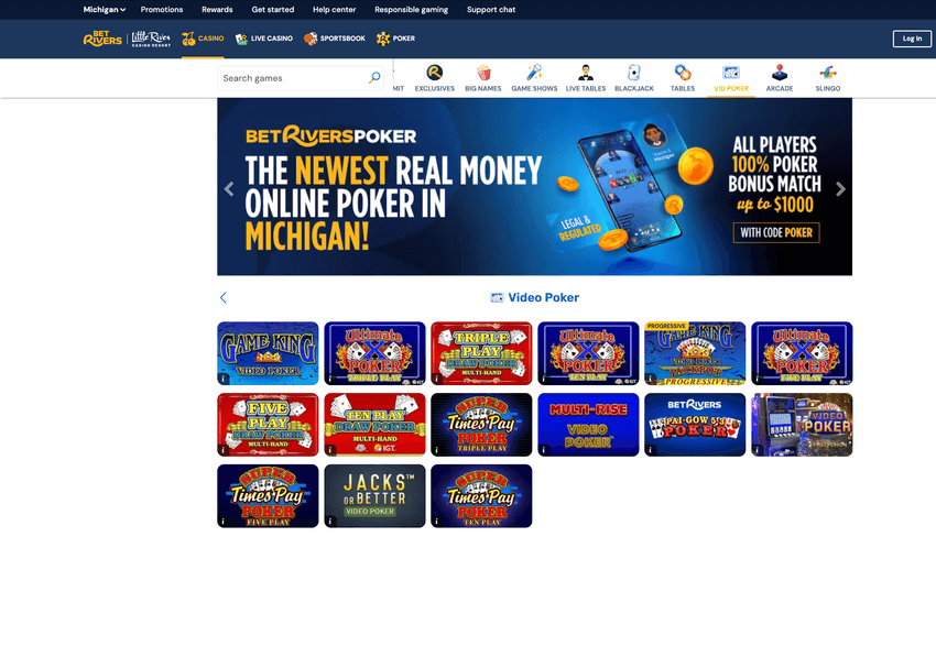Screenshot of BetRivers Michigan video poker section