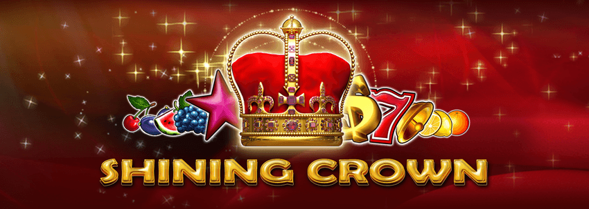 Shining Crown de la EGT Digital Imagine promoțională pentru Shining Crown, cu o coroană roșie și simboluri clasice de slot pe fundal roșu.