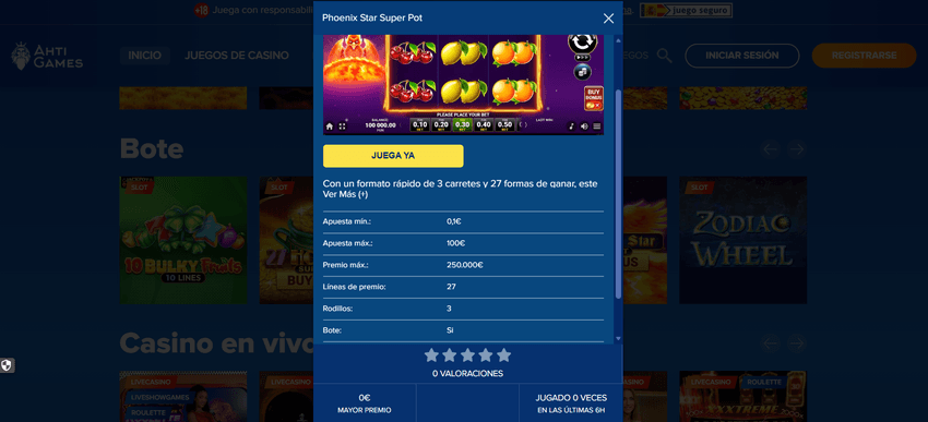 Ficha del juego Phoenix Star Super Pot en AHTI Games con límites de apuesta y premio máximo