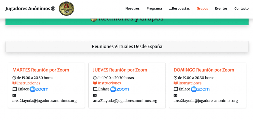 Reuniones virtuales de Jugadores Anónimos España por Zoom