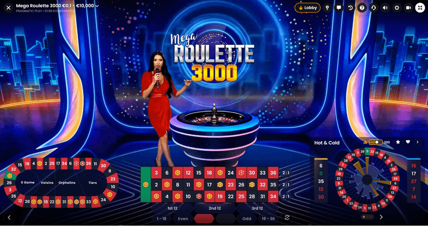 Τραπέζι Mega Roulette 3000 της Pragmatic Play με ζωντανή παρουσιάστρια, τροχό ρουλέτας και πίνακα πονταρισμάτων.