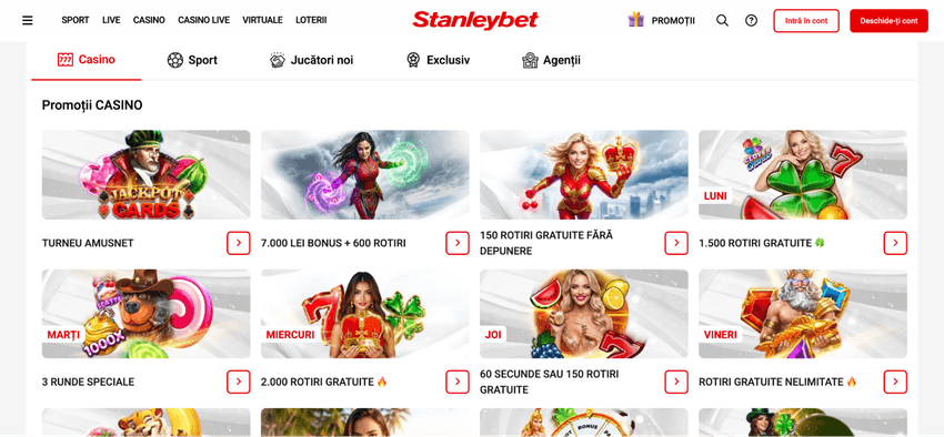 Stanleybet Casino – bonusuri și promoții Pagina de promoții Stanleybet Casino cu bonus de 7.000 LEI și 600 de rotiri, rotiri fără depunere și promoții zilnice