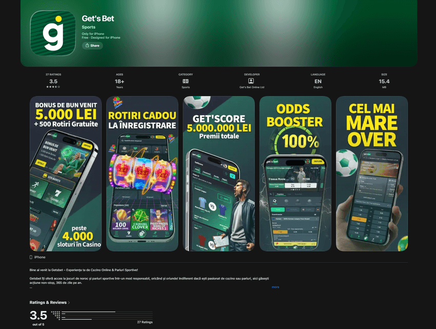 GetsBet aplicație iOS App Store Aplicația GetsBet pentru pariuri sportive și cazino în App Store