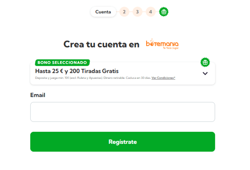 Botemanía registro con bono Registro Botemanía con bono seleccionado de tiradas gratis