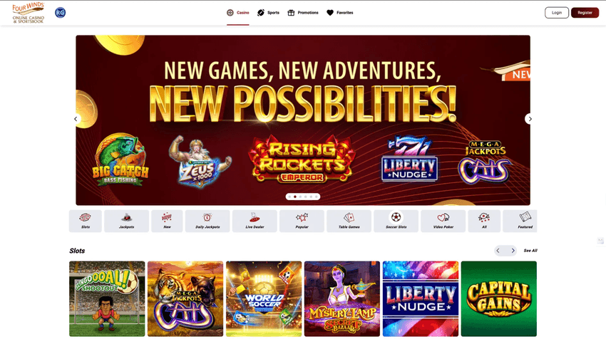 Four Winds Casino homepage featuring slots, jackpots, and live dealer categories