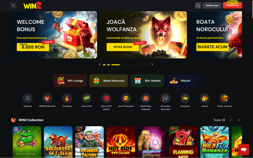 Banner principal Win2 cu bonusuri și jocuri promovate