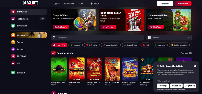 Lobby-ul MaxBet Casino cu sloturi, jackpoturi și filtre după furnizor
