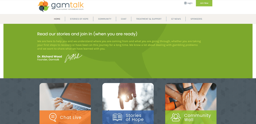 GamTalk Online Support for Gambling Issues – Founder’s Welcome GamTalk homepage featuring Dr. Richard Wood’s welcome message and links to chat, stories of hope, and community support.