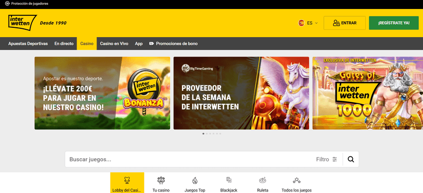 Lobby de Interwetten Casino España con promociones y buscador de juegos