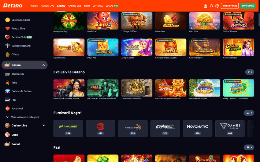 Lobby Betano cu jocuri de cazinou și furnizori software